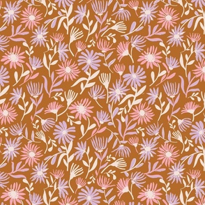 LARGE: FunPink and Purple Daisies and leaves on a Light Brown Background