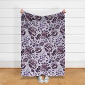 Large Half Drop Stylized Watercolor Aubergine Purple  Peonies with Faux Bronze Outline and Mauve Background