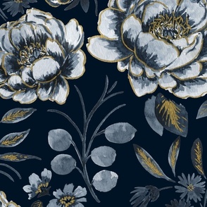 Large Half Drop Stylized Watercolor Icy Blue Peonies with Faux Gold Outline and Navy Blue Background