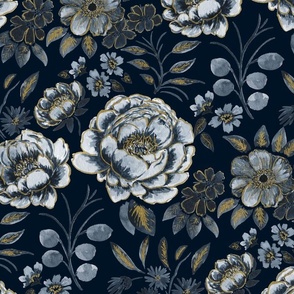 Medium Half Drop Stylized Watercolor Icy Blue Peonies with Faux Gold Outline and Navy Blue Background