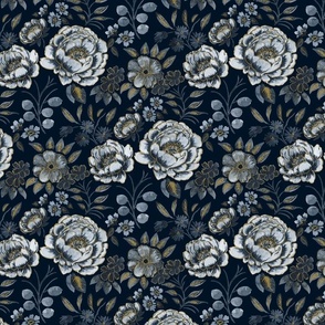 Small Half Drop Stylized Watercolor Icy Blue Peonies with Faux Gold Outline and Navy Blue Background