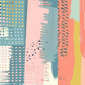 Giant abstract paint strokes with a nod to the 1980's pop art with a messy grid and brith colors like pink and coral and blue.