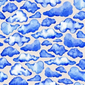 Medium Scale // Watercolor Painted Scattered Fluffy Blue Clouds
