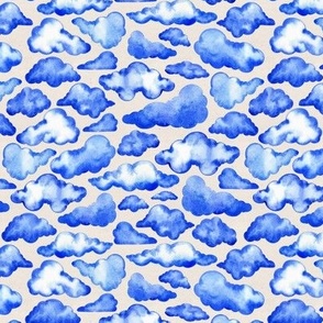 Smaller Scale // Watercolor Painted Scattered Fluffy Blue Clouds