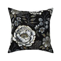 Medium Half Drop Stylized Watercolor Light Grey Peonies with Faux Gold Outline and Black Background