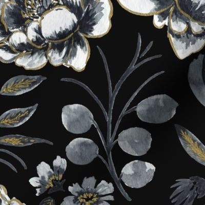 Medium Half Drop Stylized Watercolor Light Grey Peonies with Faux Gold Outline and Black Background