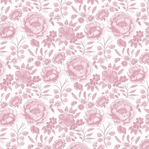 Small Half Drop Stylized Watercolor Monochrome Rose Pink Peonies with Off White Background
