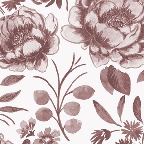 Large Half Drop Stylized Watercolor Monochrome Brown Peonies with Off White Background