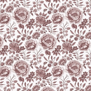 Small Half Drop Stylized Watercolor Monochrome Brown Peonies with Off White Background