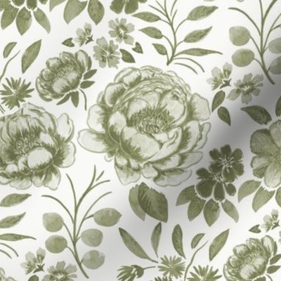 Small Half Drop Stylized Watercolor Monochrome Artichoke Green Peonies with Off White Background