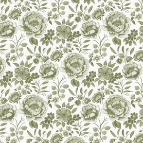 Small Half Drop Stylized Watercolor Monochrome Artichoke Green Peonies with Off White Background