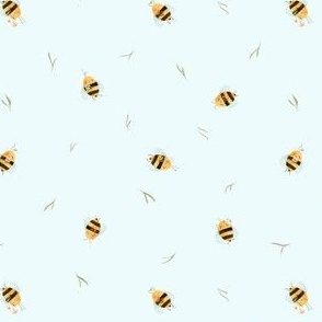 Small Bright Tossed Bees holding Flowers on Light Blue