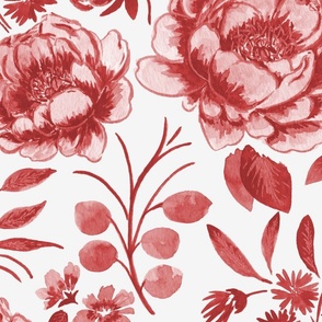 Large Half Drop Stylized Watercolor Monochrome Cardinal Red Peonies with Off White Background