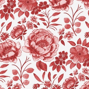 Medium Half Drop Stylized Watercolor Monochrome Cardinal Red Peonies with Off White Background