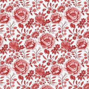 Small Half Drop Stylized Watercolor Monochrome Cardinal Red Peonies with Off White Background