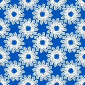 Swirly daisy in white and sapphire blue. Small scale