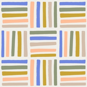Blue, green, yellow, peach, and neutral striped tiles - large