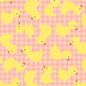 little yellow ducks on pink gingham - large 24 in repeat