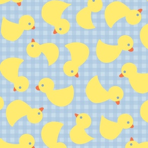little yellow ducks on blue gingham - large 24 in repeat
