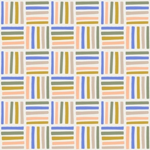 Blue, green, yellow, peach, and neutral striped tiles - small
