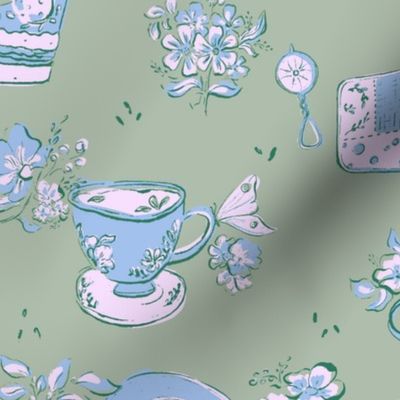 [L] English Tea Party Garden - Sage Vintage Green #P240113