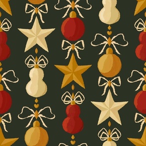 L -  Baubles Stars & Ribbon Bows - Vertical Stripe - Christmas Hanging Ornaments - Red, beige, Yellow on Dark
