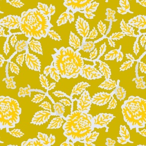 Lino Roses yellow on olive