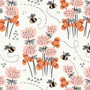 SMALL Cute Modern Doodle Bees and Clovers - Pink and Orange on a creamy white background 