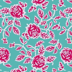Lino Roses red on teal