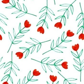 Ditzy floral pattern of small red tulips with green stems and leaves