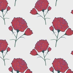 Floral pattern of red carnations on an off-white background