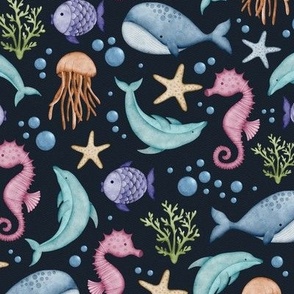 Whimsical underwater watercolor ocean animals