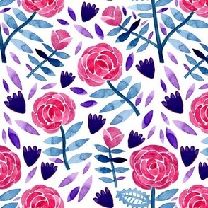 Floral pattern of pink-red roses with blue leaves and small purple tulips