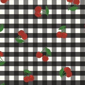 Medium cherry gingham - red cherries on black and white gingham check - vicy check - checkerboard - cute vintage inspired summer picnic Buffalo check - Country checks - Gingang Genggang Jangjang - Shepherds check