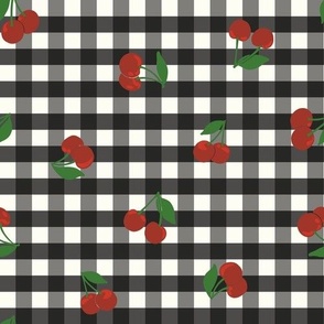 Small cherry gingham - red cherries on black and white gingham check - vicy check - checkerboard - cute vintage inspired summer picnic Buffalo check - Country checks - Gingang Genggang Jangjang - Shepherds check