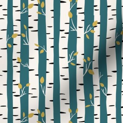 Birch Tree forest - autumn leaves and trees mustard yellow on teal blue 