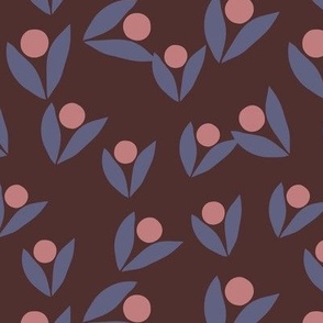 Modern tulip pattern: purple leaves and peach circles on brown background