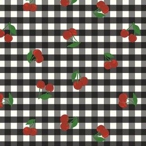 Extra Small cherry gingham - red cherries on black and white gingham check - vicy check - checkerboard - cute vintage inspired summer picnic Buffalo check - Country checks - Gingang Genggang Jangjang - Shepherds check