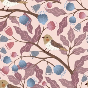 Dreamy forest with birds and trees - And paint illustration  in Pink and Blue - children art - Big size 