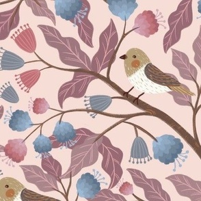 Dreamy forest with birds and trees - And paint illustration  in Pink and Blue - children art - Small size 