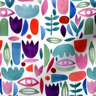 Colorful retro pattern of tulips, leaves, geometric shapes and eyes
