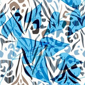 Blue tropical leaves on a white background with blue and brown leopard spots.