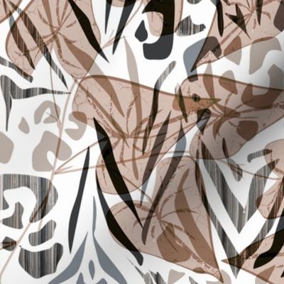 Brown, beige tropical leaves on a white background with black and beige leopard spots.