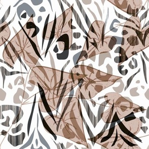 Brown, beige tropical leaves on a white background with black and beige leopard spots.