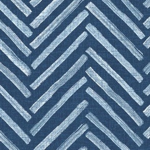 Medium - Hand drawn watercolor herringbone pattern – painted geometric brush strokes bleaching out the denim texture giving a grungy, faded effect to the dark indigo blue.