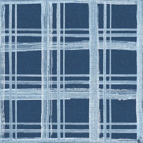 Medium - Hand drawn watercolor plaid or tartan pattern – painted geometric brush strokes bleaching out the denim texture giving a grungy, faded effect to the dark indigo blue.