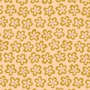 Small groovy floral shapes outlined in neutral beige and olive green