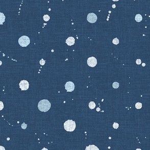 Medium - Hand drawn watercolor polka dots and paint splashes – painted geometric brush strokes bleaching out the denim texture giving a grungy, faded effect to the dark indigo blue.