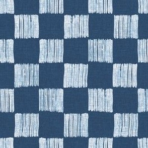 Small - Hand drawn 1 inch squares, watercolor checkerboard pattern – painted geometric brush strokes bleaching out the denim texture giving a grungy, faded effect to the dark indigo blue.