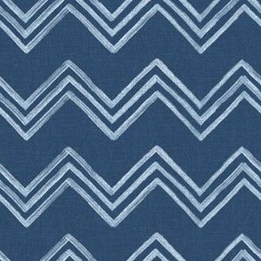 Small - Hand drawn watercolor chevron zig zag stripes – painted geometric brush strokes bleaching out the denim texture giving a grungy, faded effect to the dark indigo blue.